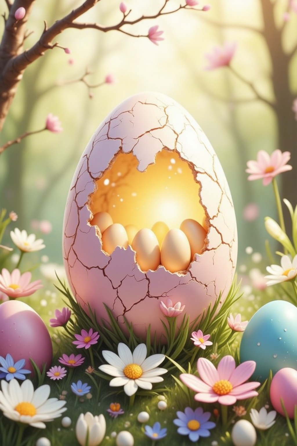 Easter egg embodying the concept of rebirth,  cracked surface revealing emerging,  pastel colors dominate the scene on Ten...