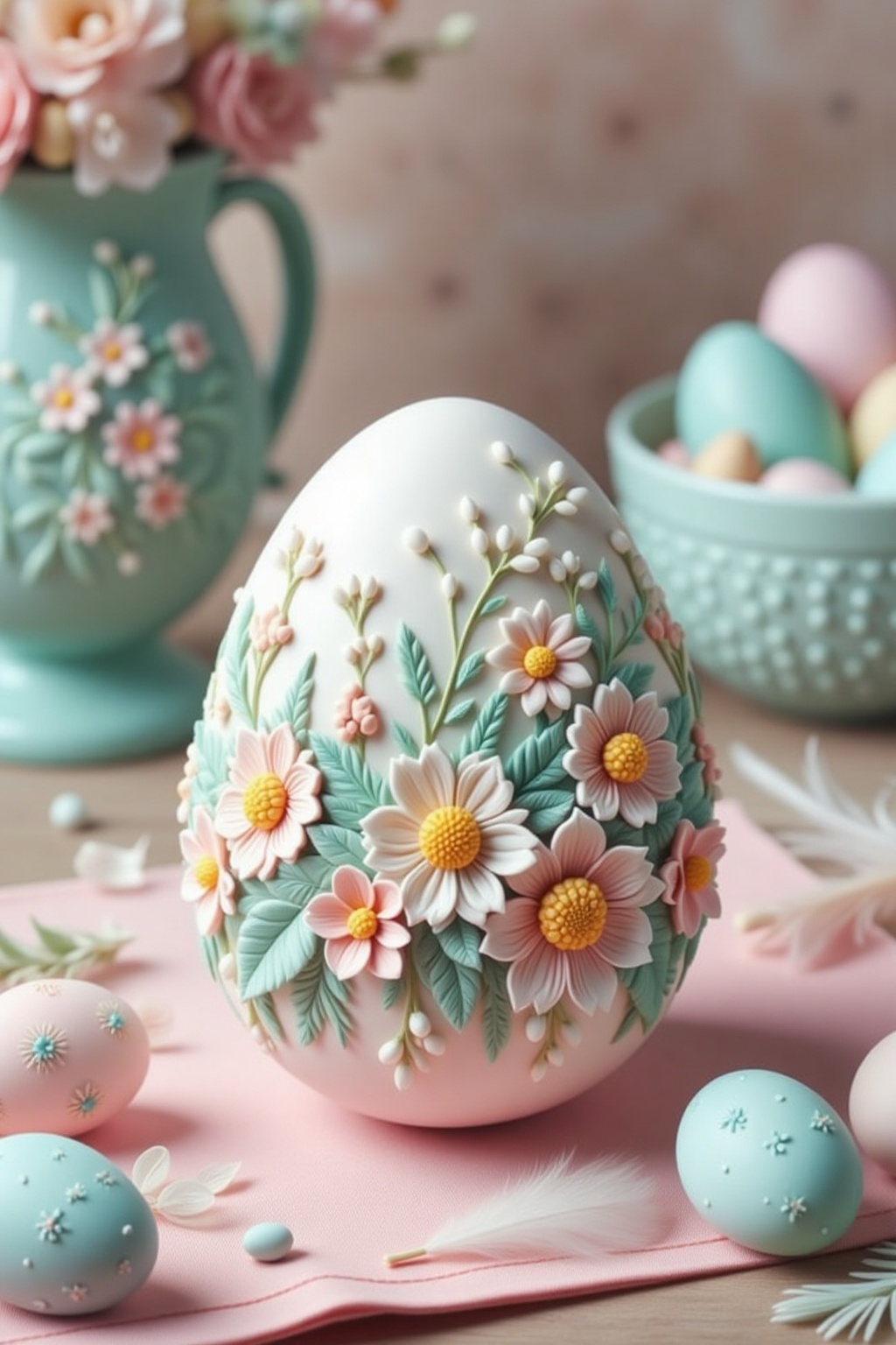 This image showcases a beautifully decorated Easter egg with intricate floral designs,  surrounded by pastel-colored eggs,...