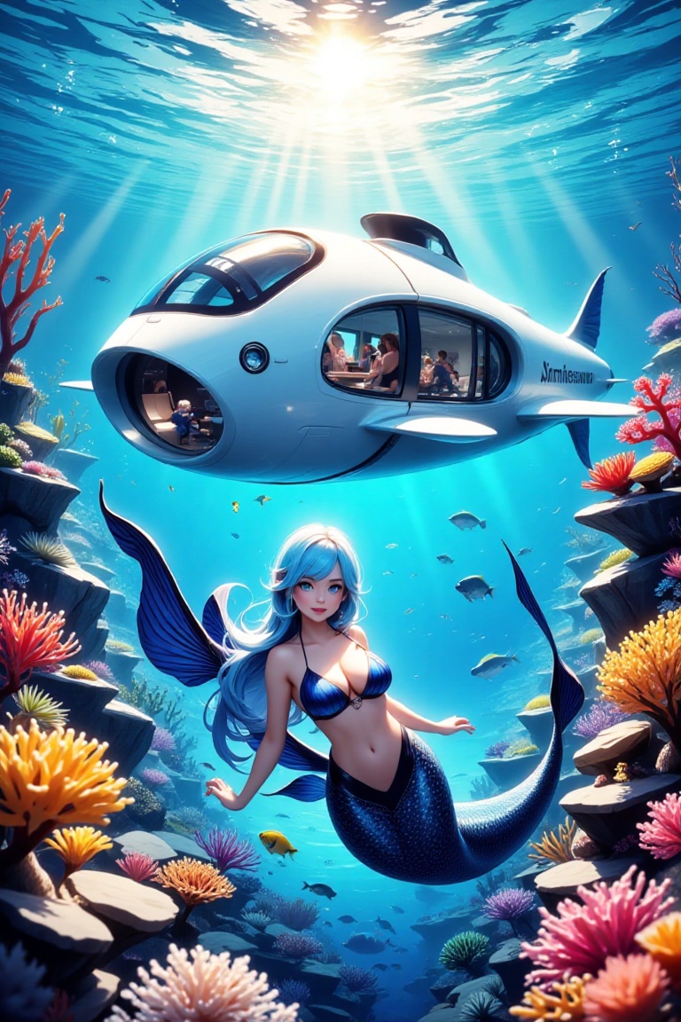 undersea,  a beautiful mermaid in front of a submarine like a modern house,  light rays shine in front of the mermaid from...