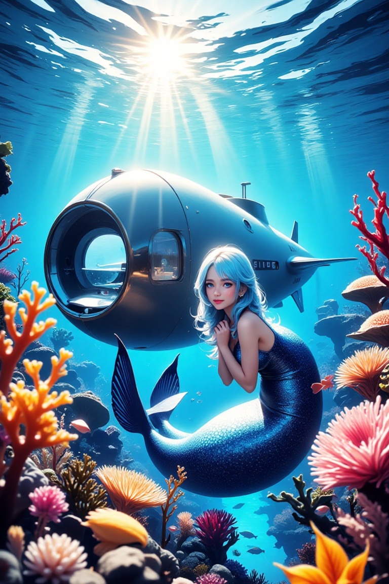 undersea,  a beautiful mermaid in front of a submarine like a modern house,  light rays shine in front of the mermaid from...