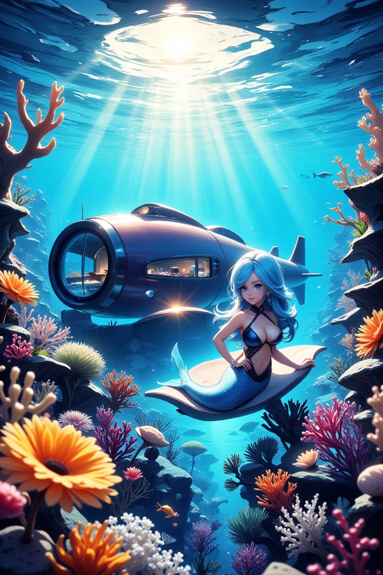 undersea,  a beautiful mermaid in front of a submarine like a modern house,  light rays shine in front of the mermaid from...
