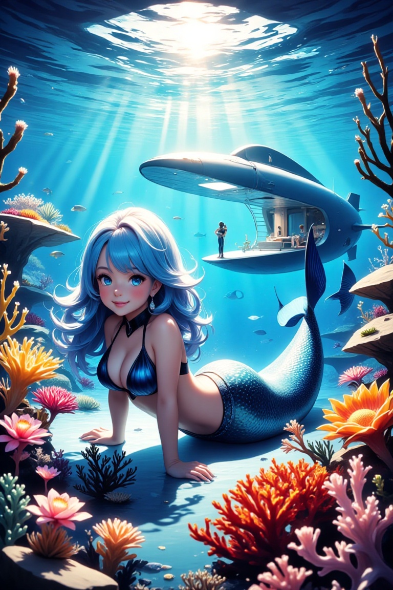 undersea,  a beautiful mermaid in front of a submarine like a modern house,  light rays shine in front of the mermaid from...