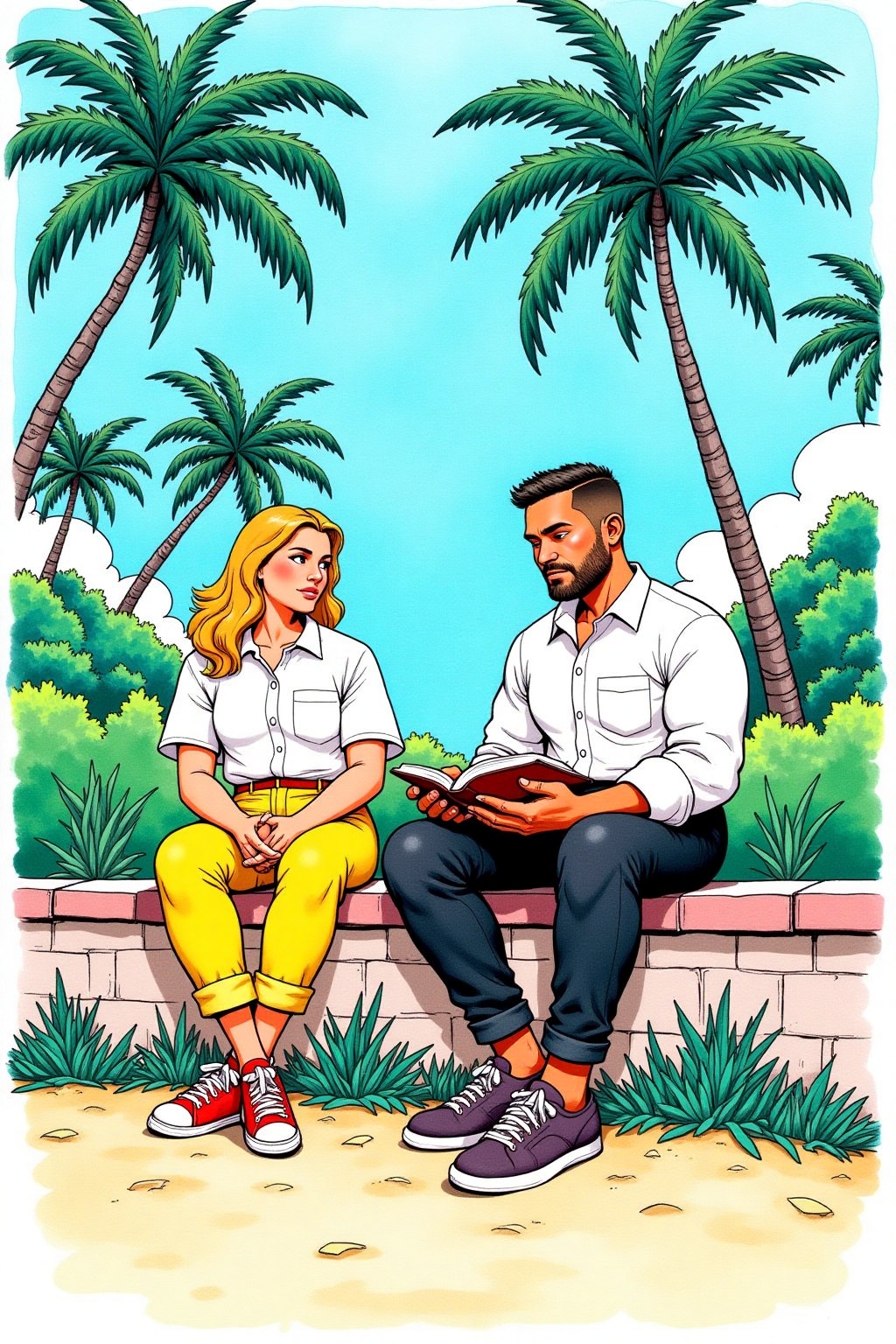 Comic art,  ink and wash,  a man and a woman sitting on a wall. The man is wearing a white shirt and black pants and the w...