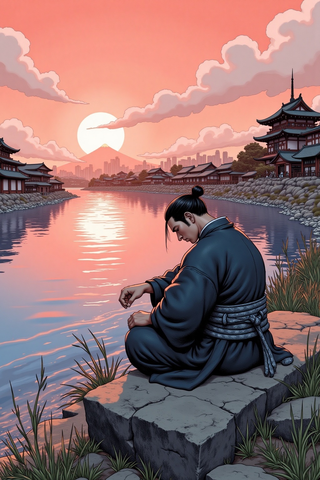 A lone samurai sits on the bank of a river,  his head bowed in thought. He wears a traditional kimono and hakama,  and his...