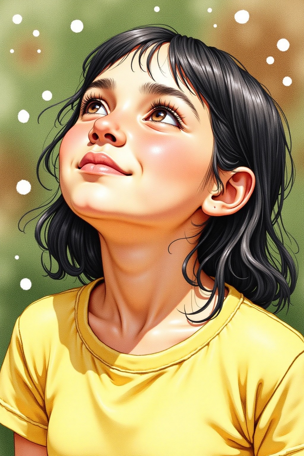 The image is a watercolor painting of a young girl. She has dark hair and brown eyes,  and is wearing a yellow shirt. She...