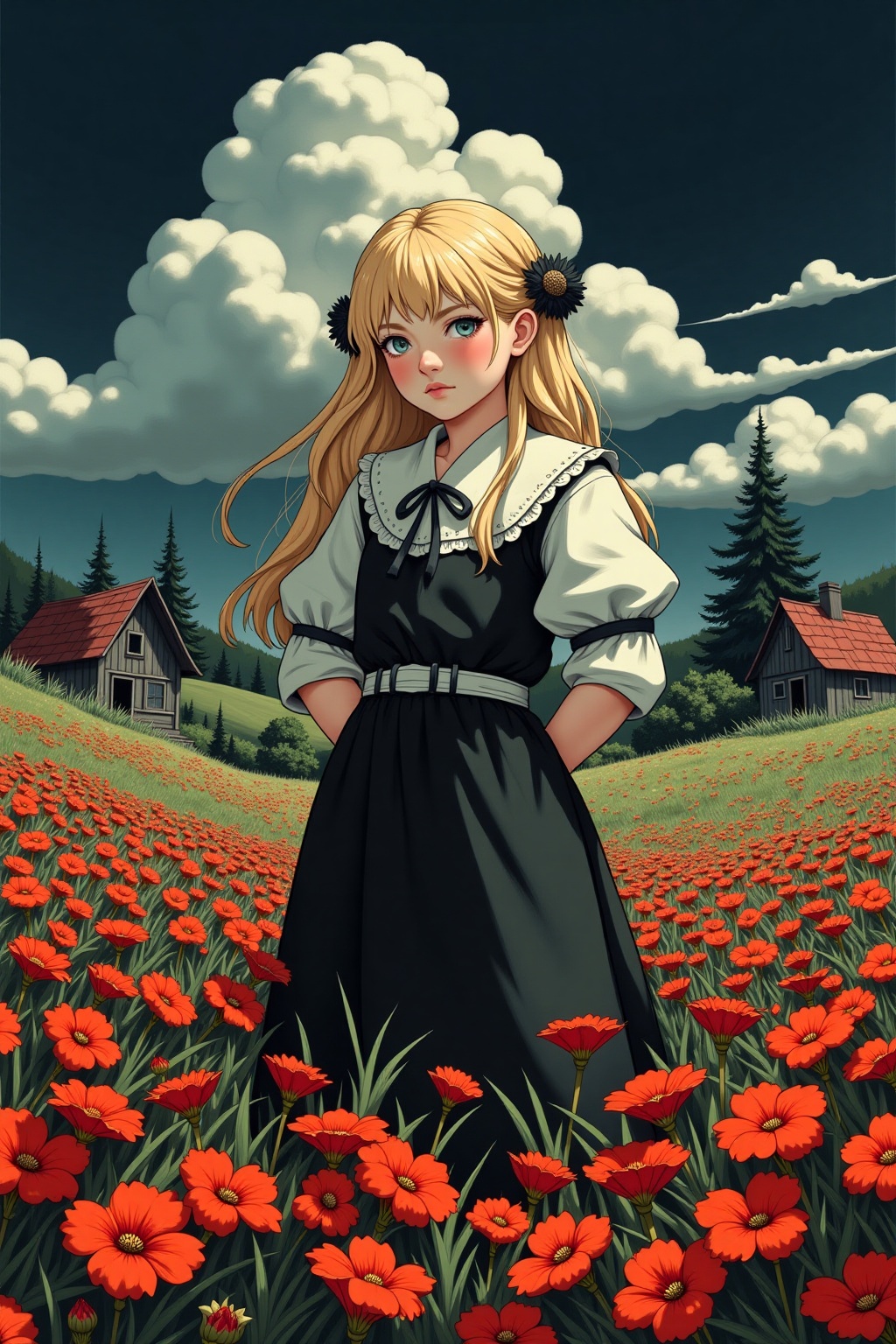 A girl in an anime style,  with blonde hair and a black dress standing on a flower field with dark clouds in the backgroun...