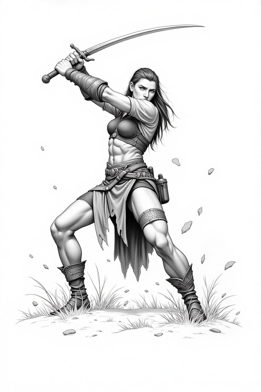 fantasy warrior female in mid action swinging a sword,  soft graphite sketch on Tensor.Art