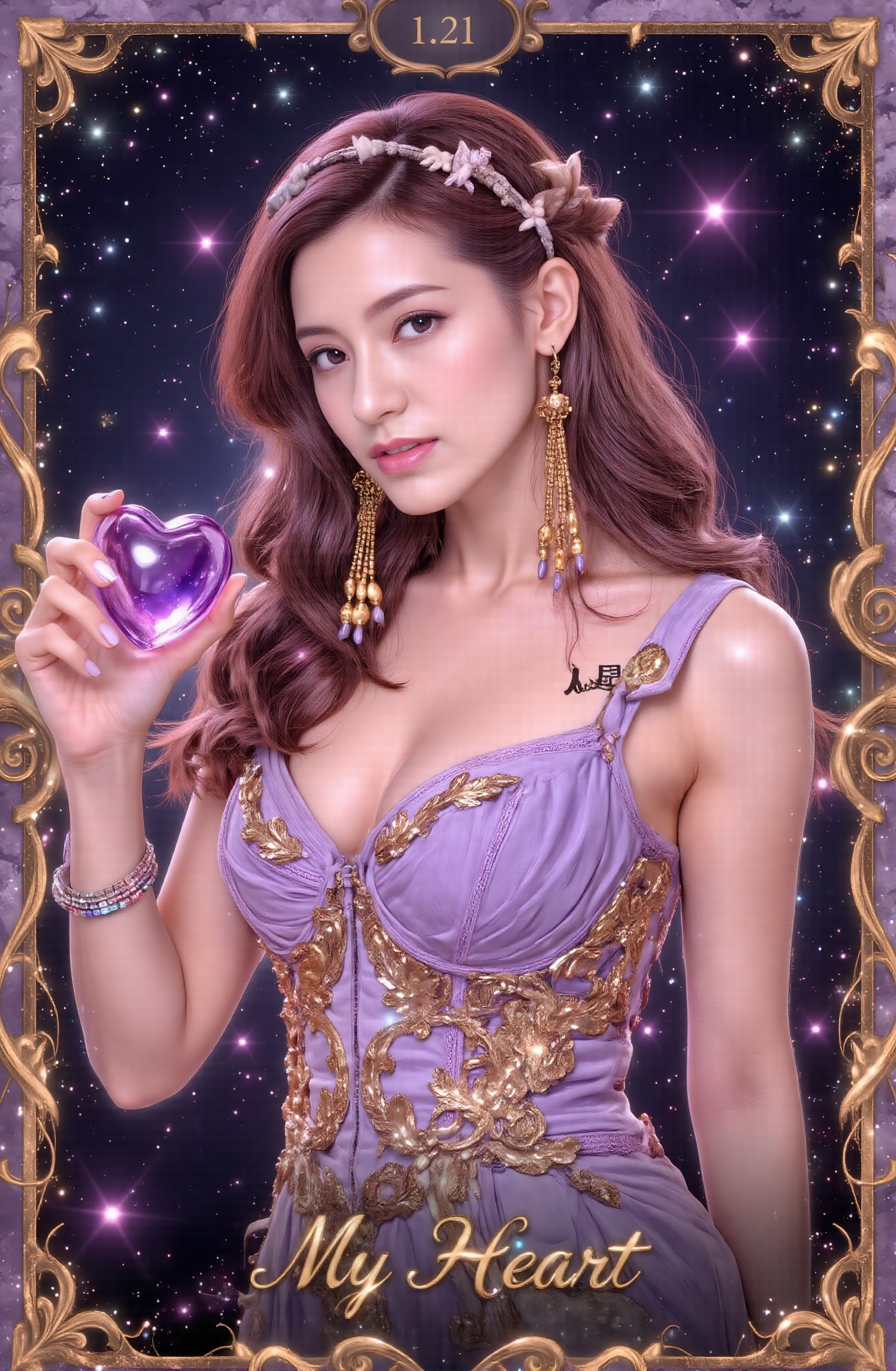 Score_9 is a tarot card that tells the story of a woman wearing a sexy,  beautiful,  fashionable dress in the starry sky o...