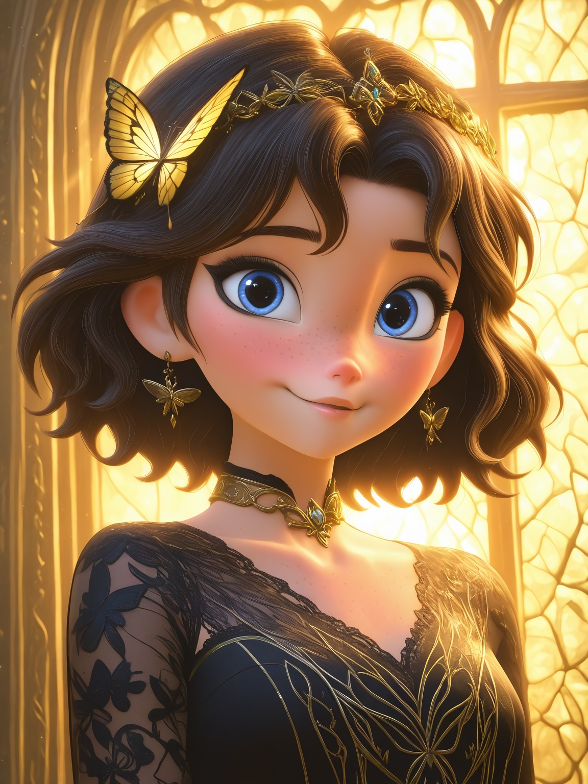 Stunning fantasy-style portrait of a young woman with long,  wavy dark brown hair adorned with golden and blue butterflies...
