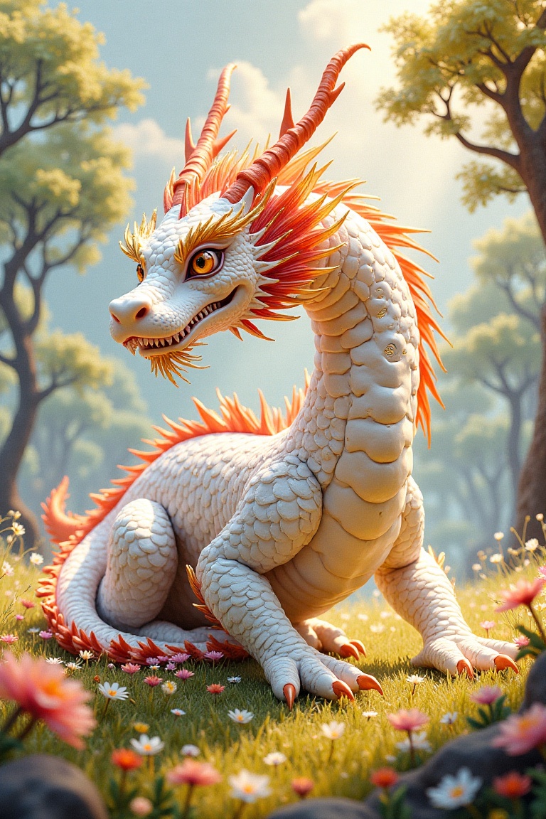A beautiful professional shot of a massive white and red Chinese fantasy dragon with golden eyes and intricate gold patter...