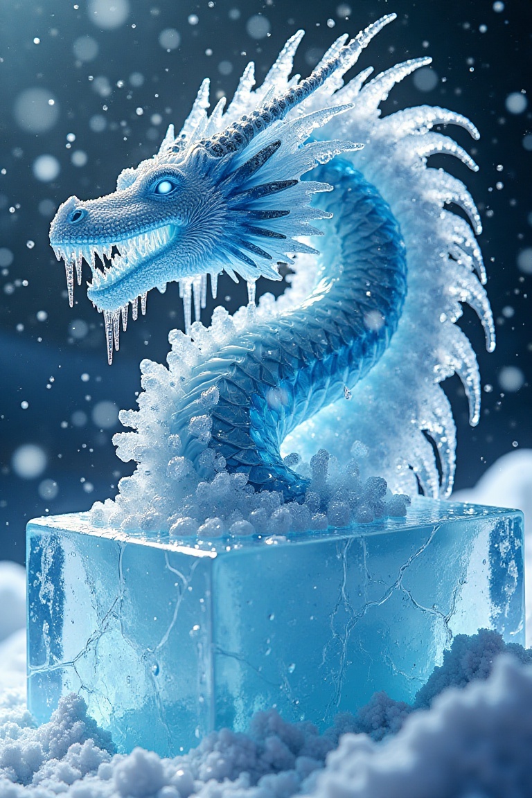 A hyperrealistic,  professional photo of a massive block of ice with an ice dragon emerging from it,  frozen mid-roar. The...