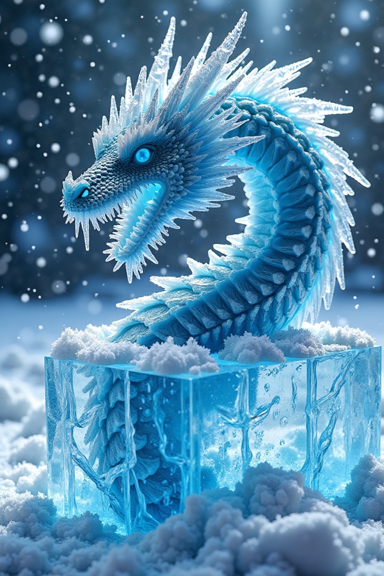 A hyperrealistic,  professional photo of a massive block of ice with an ice dragon emerging from it,  frozen mid-roar. The...
