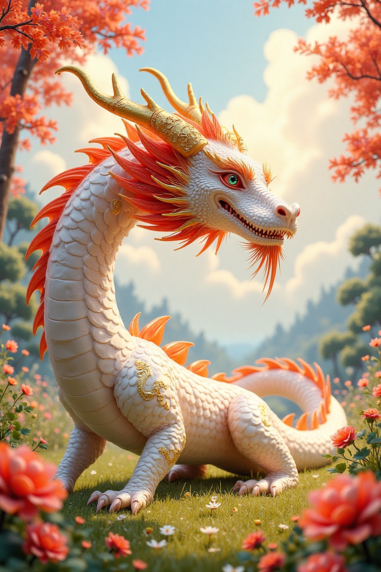 A beautiful professional shot of a massive white and red Chinese fantasy dragon with golden eyes and intricate gold patter...