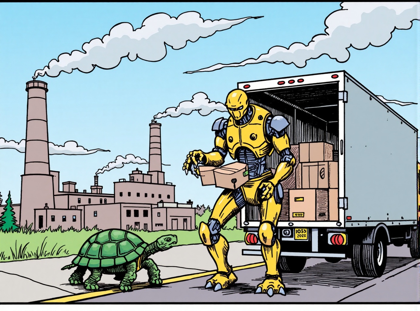 comic book illustration of a gangly robot with extra limbs unloading boxes from the back of a truck. Behind the truck is a...
