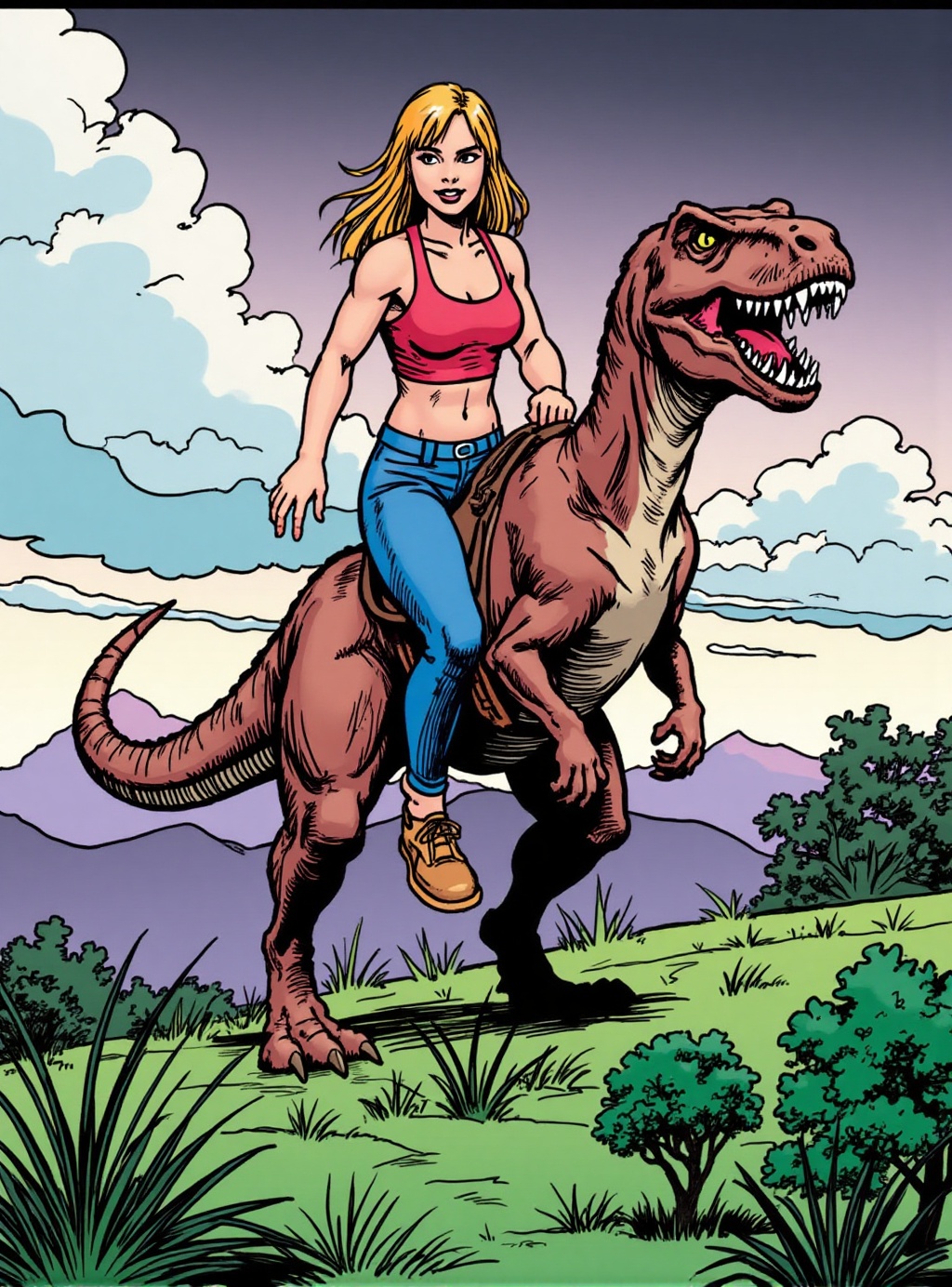 comic book illustration of an athletic young woman who rides on the back of a dinosaur raptor across a grassy hilltop unde...