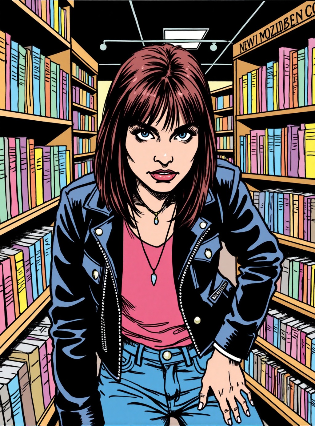 comic book illustration moody portrait of a punk rock girl in 1996 in a Newbury Comics shop on Tensor.Art