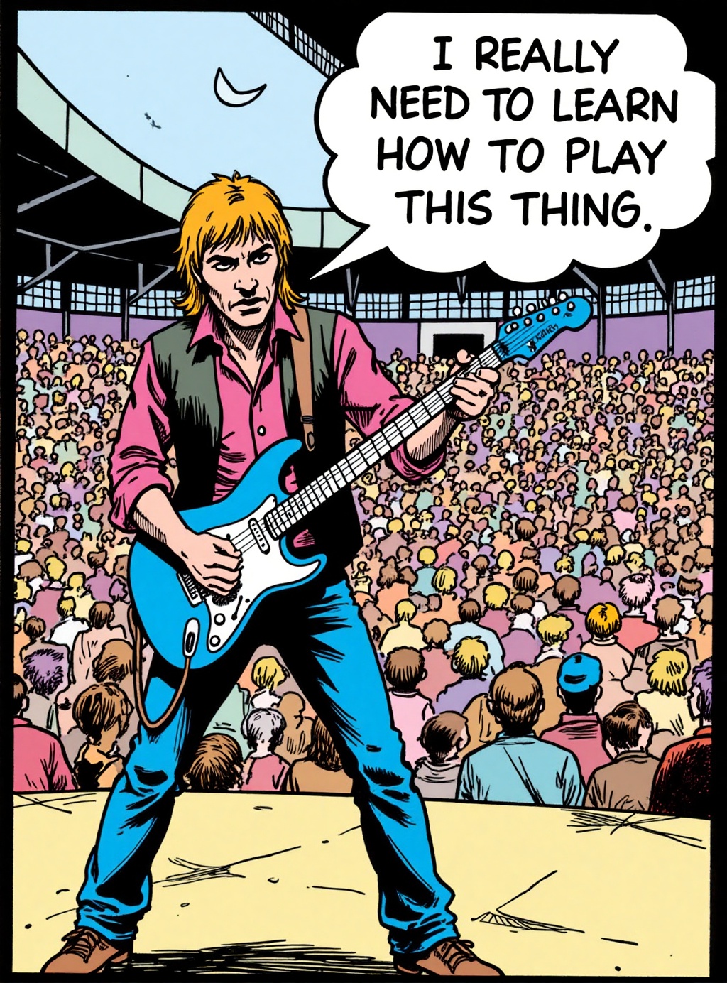 comic book illustration of a rock-and-roll guitarist in front of a stadium crowd with a thought bubble that says "I REALLY...