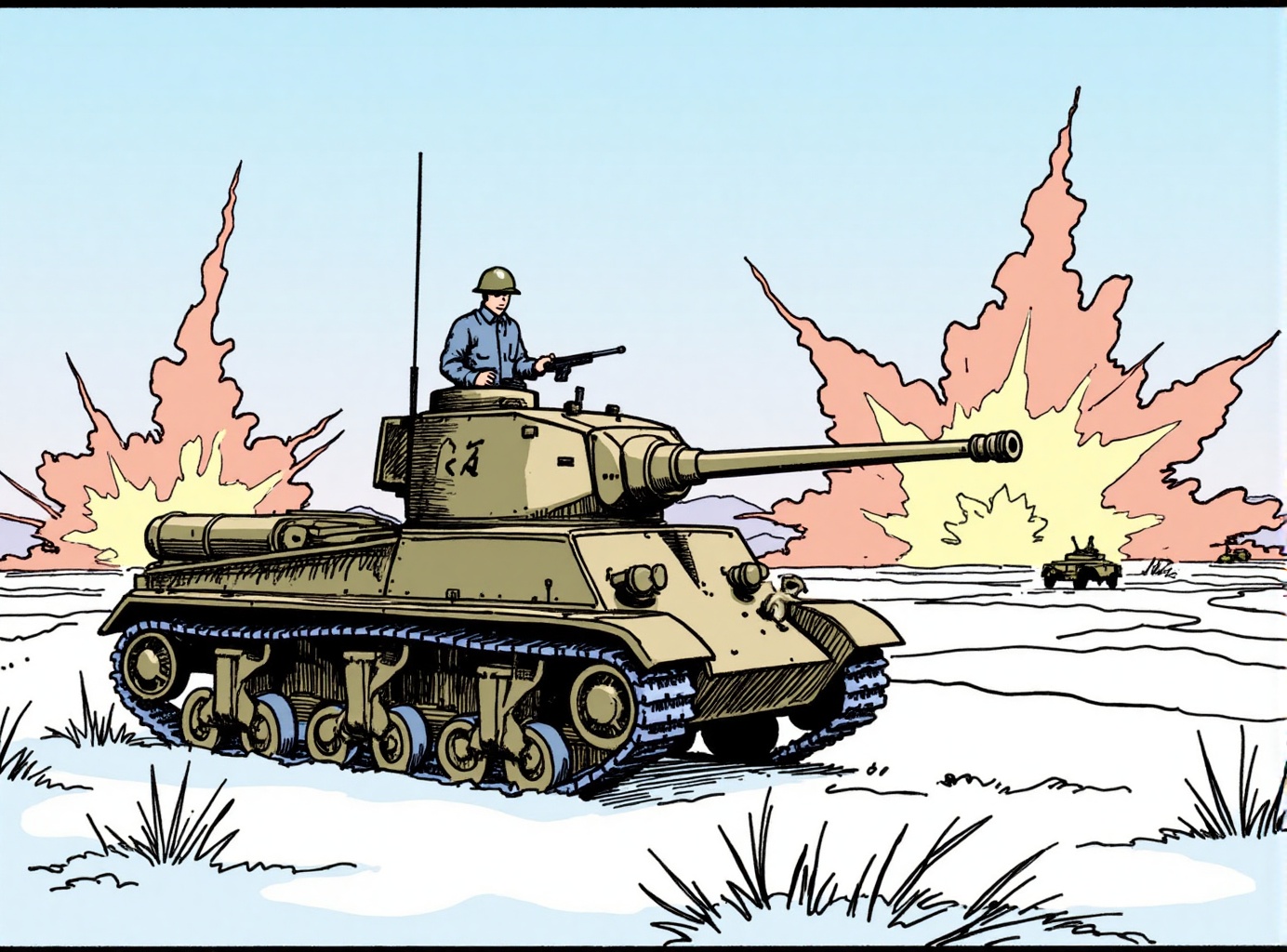 comic book illustration of a sherman **** on a flat winter field with distant explosions old world war scene on Tensor.Art