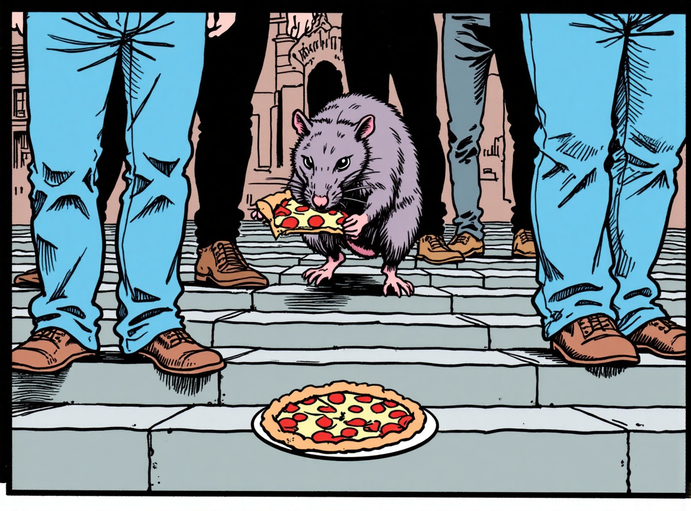 comic book illustration of a NYC rat,  closeup view of the rat pulling a slice of pizza down a set of concrete steps among...