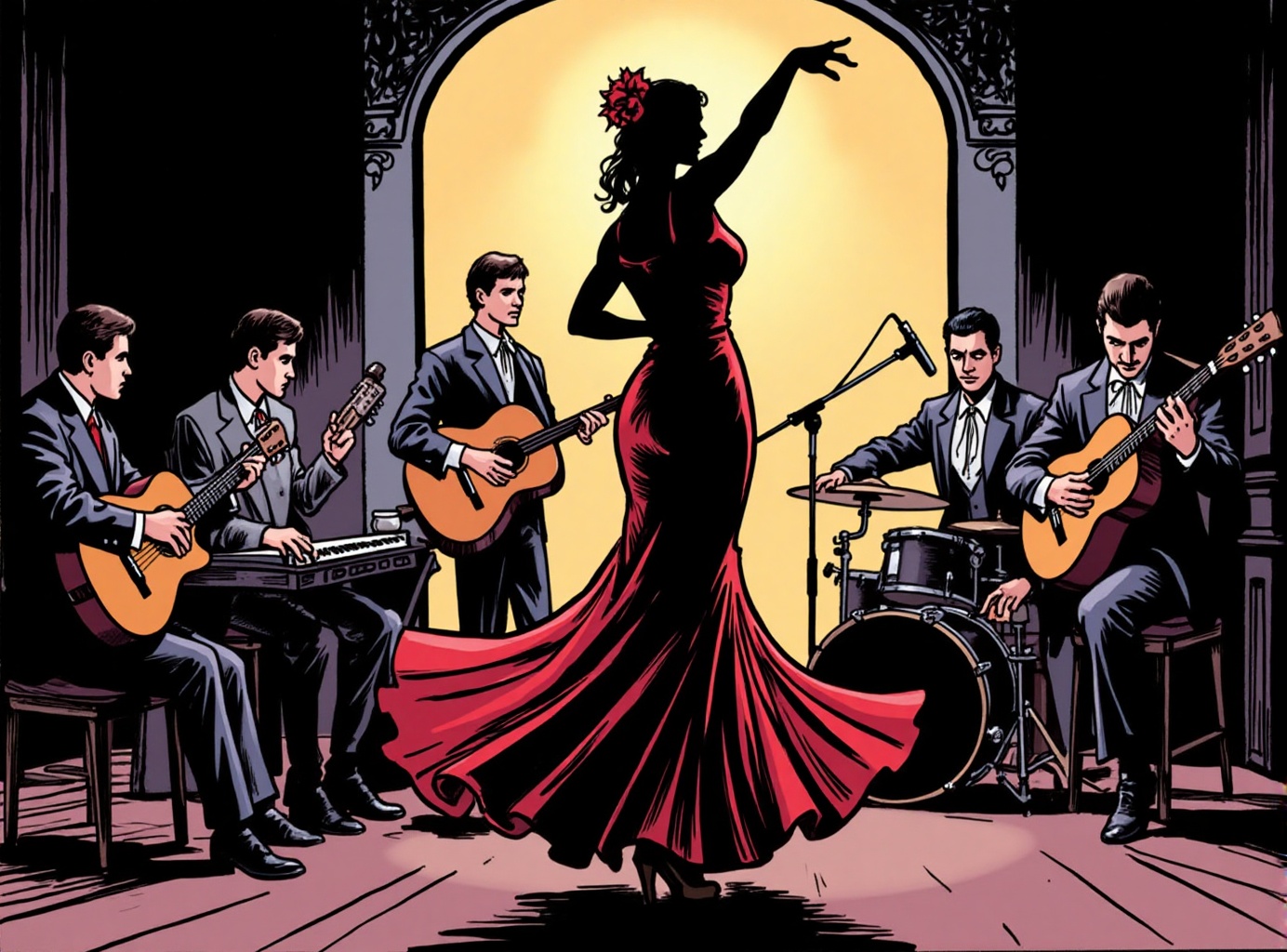comic book illustration of a tall graceful flamenco dancer with flowing swirling skirt in a darkened room dramatic light a...