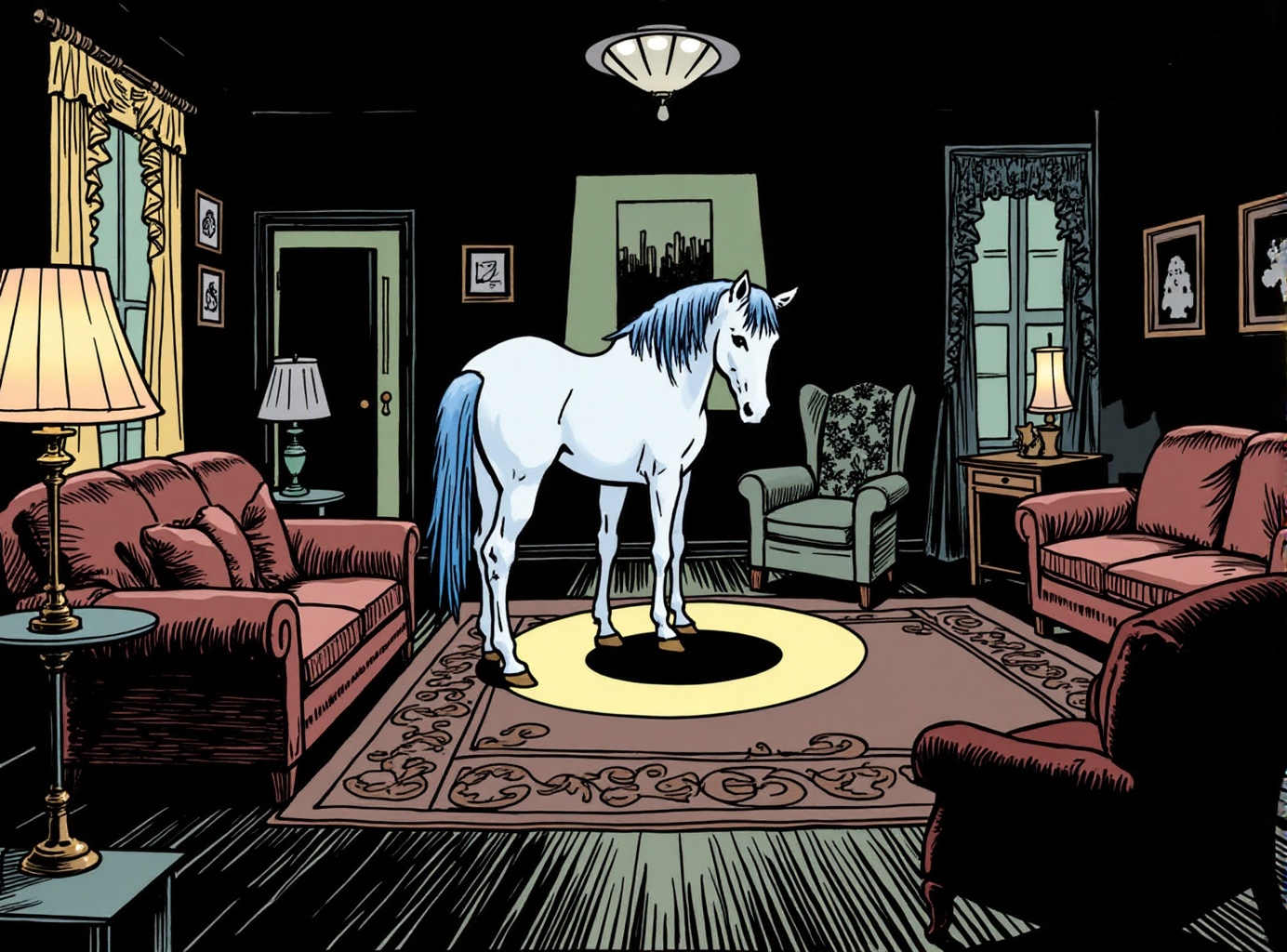 comic book illustration of a dark living room with outdated but clean furniture and lace curtains bright spotlight on a wh...