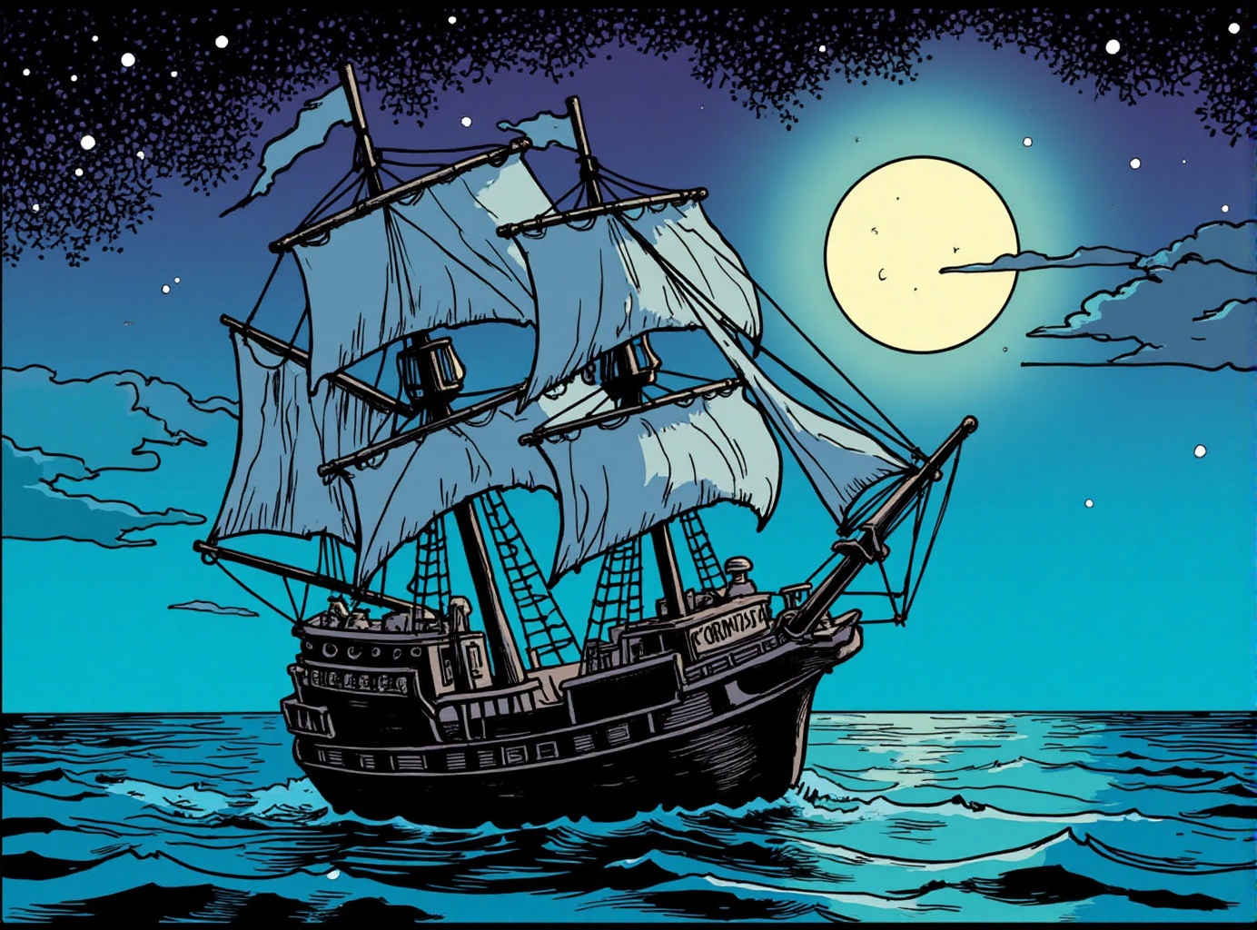 comic book illustration of a ghost ship adrift in a moonlit sea,  its tattered sails whispering secrets of the past on Ten...