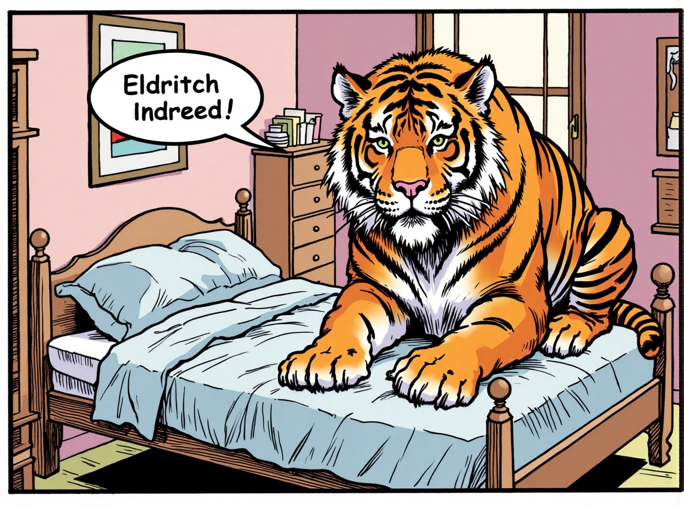 comic book illustration of a tiger on the foot of my bed in my cramped apartment with a thought bubble "Eldritch Indeed!"...