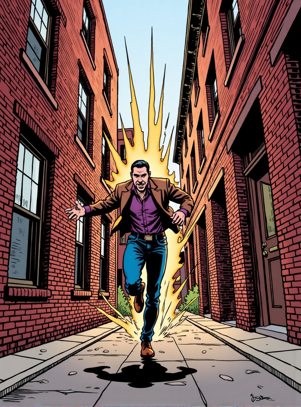 comic book illustration closeup of a man running in a narrow alleyway action scene dutch angle with explosions and chaotic...