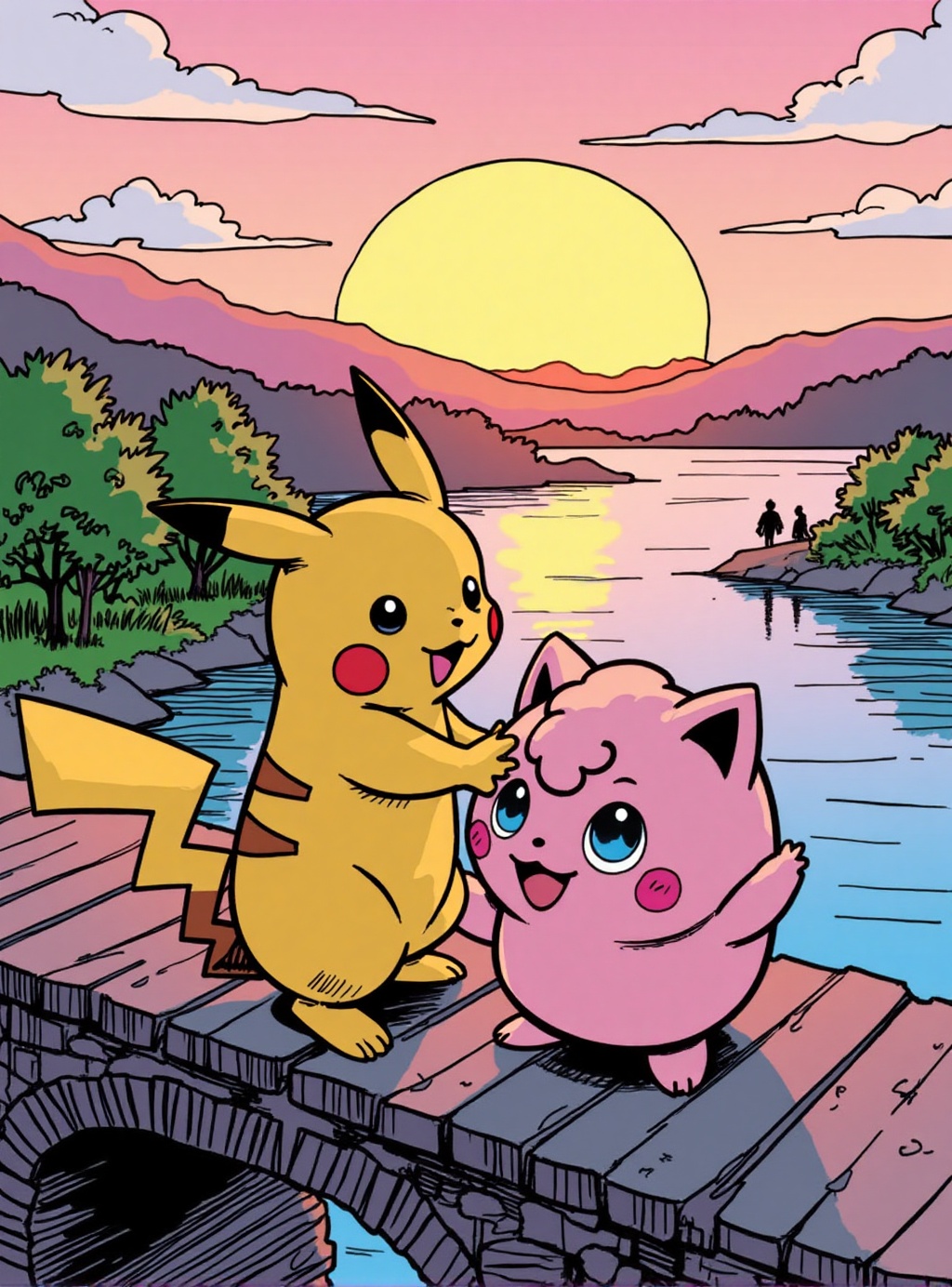 comic book illustration of Pokemons Pikachu and Jigglypuff on the edge of a bridge overlooking the water and setting sun r...