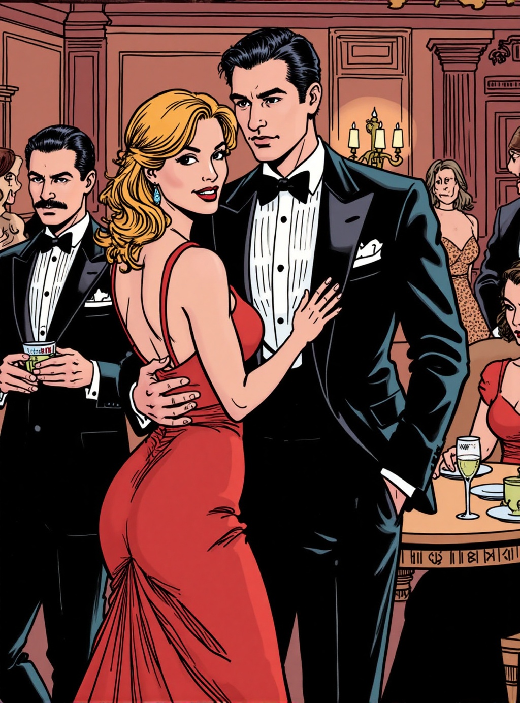 comic book illustration of high society classy ballroom beautiful and handsome people at a party romantic lighting evocati...