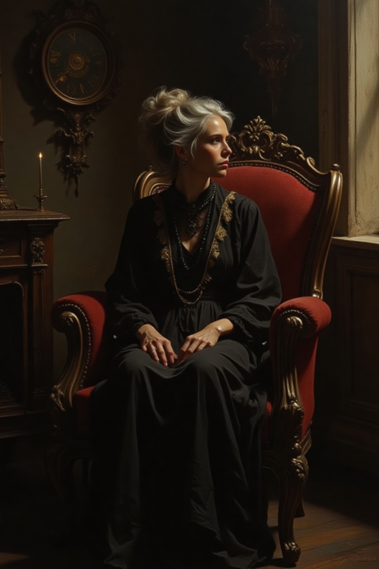 A black old woman is sitting in a vintage chair inside a dark room,  her dress has gold details,  she has her gray hair up...