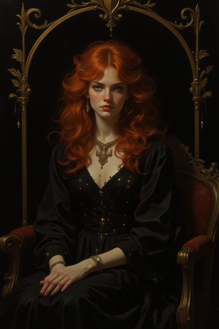 a beautiful witch with copper hair is sitting in a dark room,  she wears a black dress with gold accents,  the background...