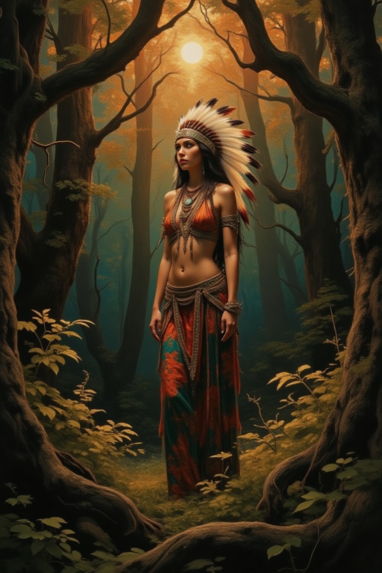 a beautiful native woman is standing in a enchanted forest with a rainbow light entering the trees,  she wears tribal clot...