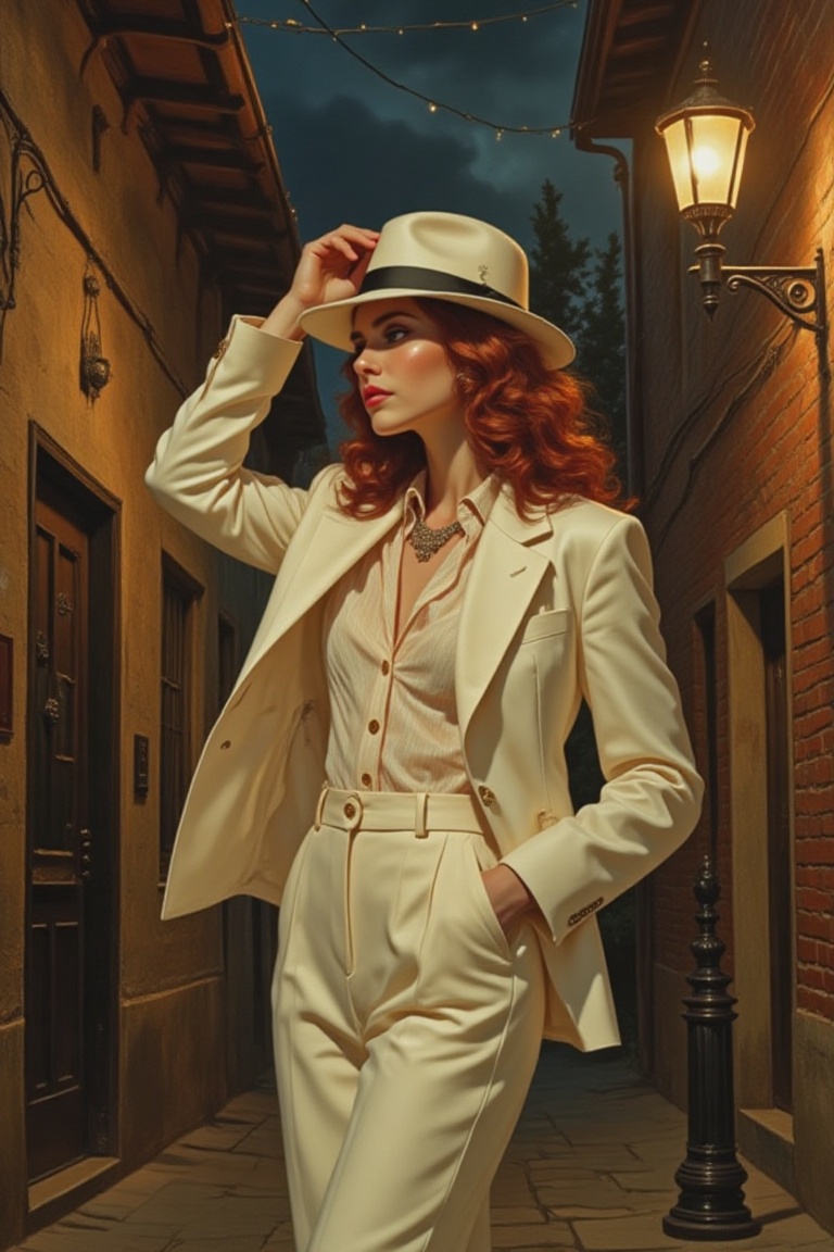 a beautiful latin woman is standing in a vintage alley,  she wears a white suit and stands next to a street lamp that give...