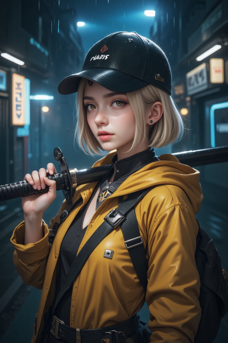 Stylish anime character in a futuristic,  neon-lit setting with raindrops and an urban backdrop.1girl,  solo on Tensor.Art