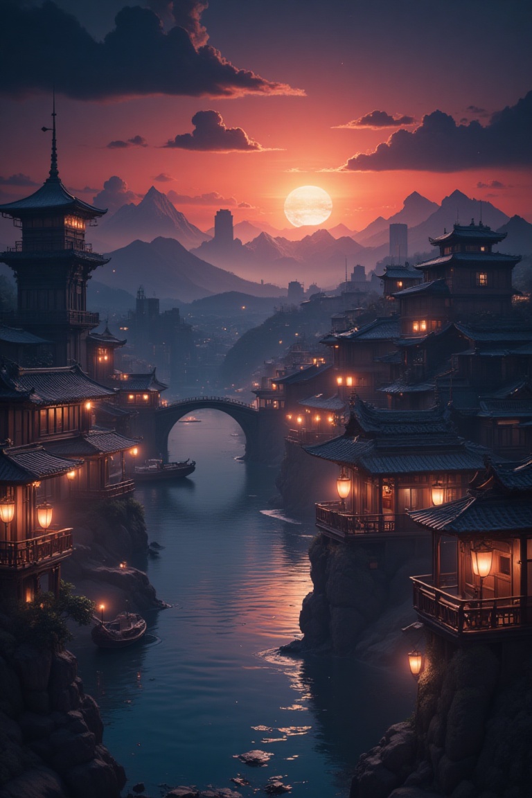 Moonlit Fantasy: A serene night scene in a traditional East Asian village,  with illuminated lanterns and glowing building...