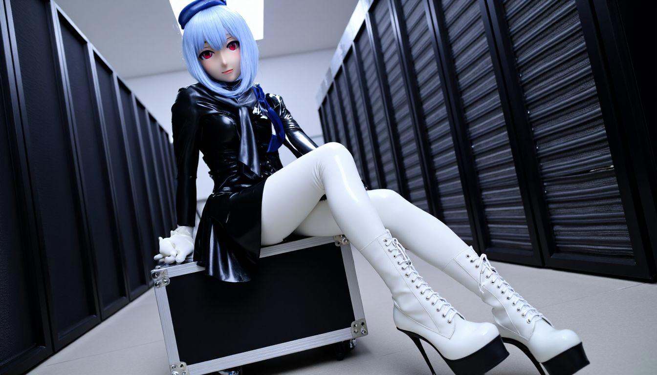 neo-latex kigurumi,  image showing an office lady with light blue,  straight hair and red eyes. She is wearing a black lat...