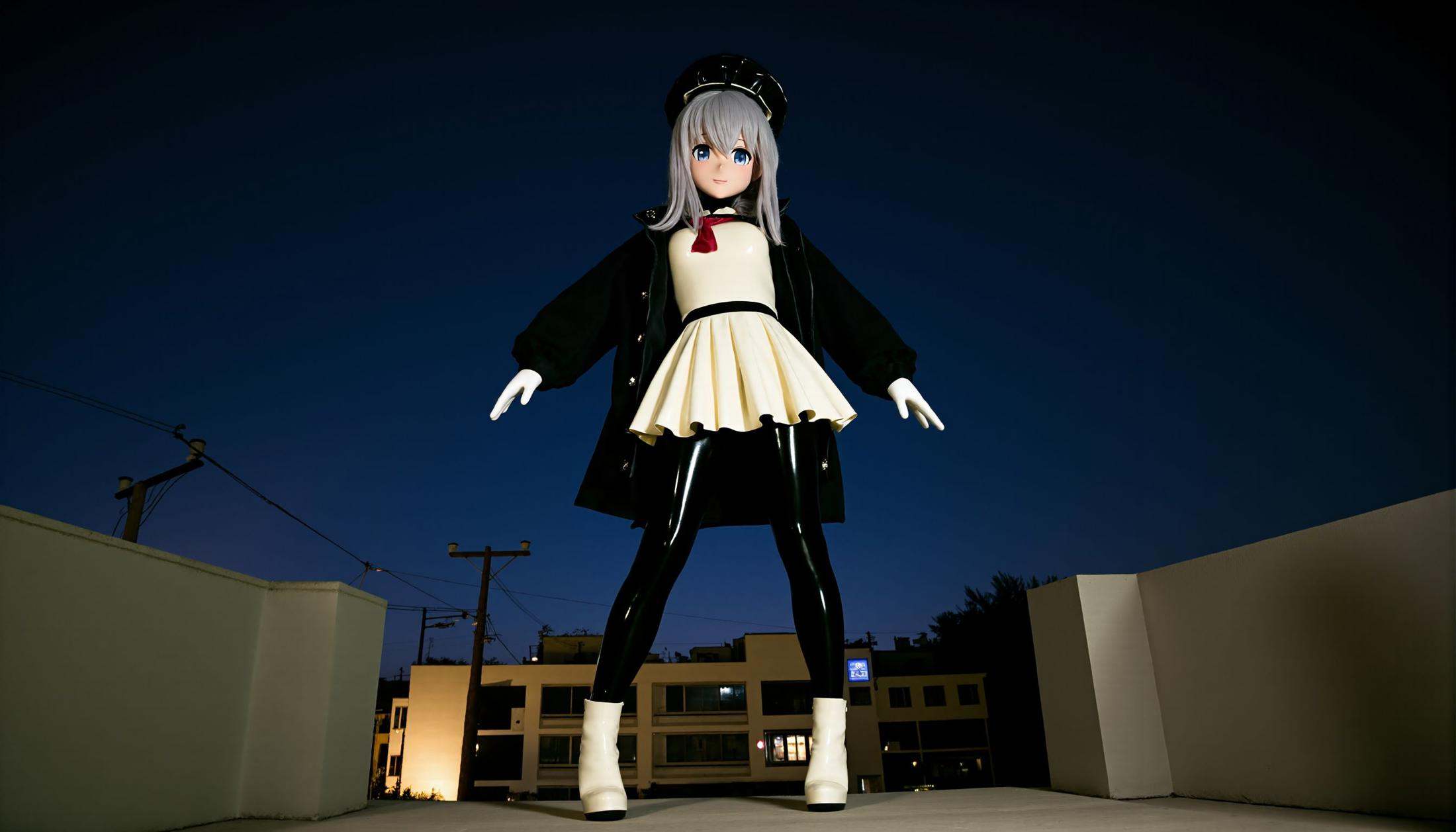 neo-latex kigurumi a beautiful mature women,  178cm girl wearing black long coat outside a white dress,  with pleated medi...