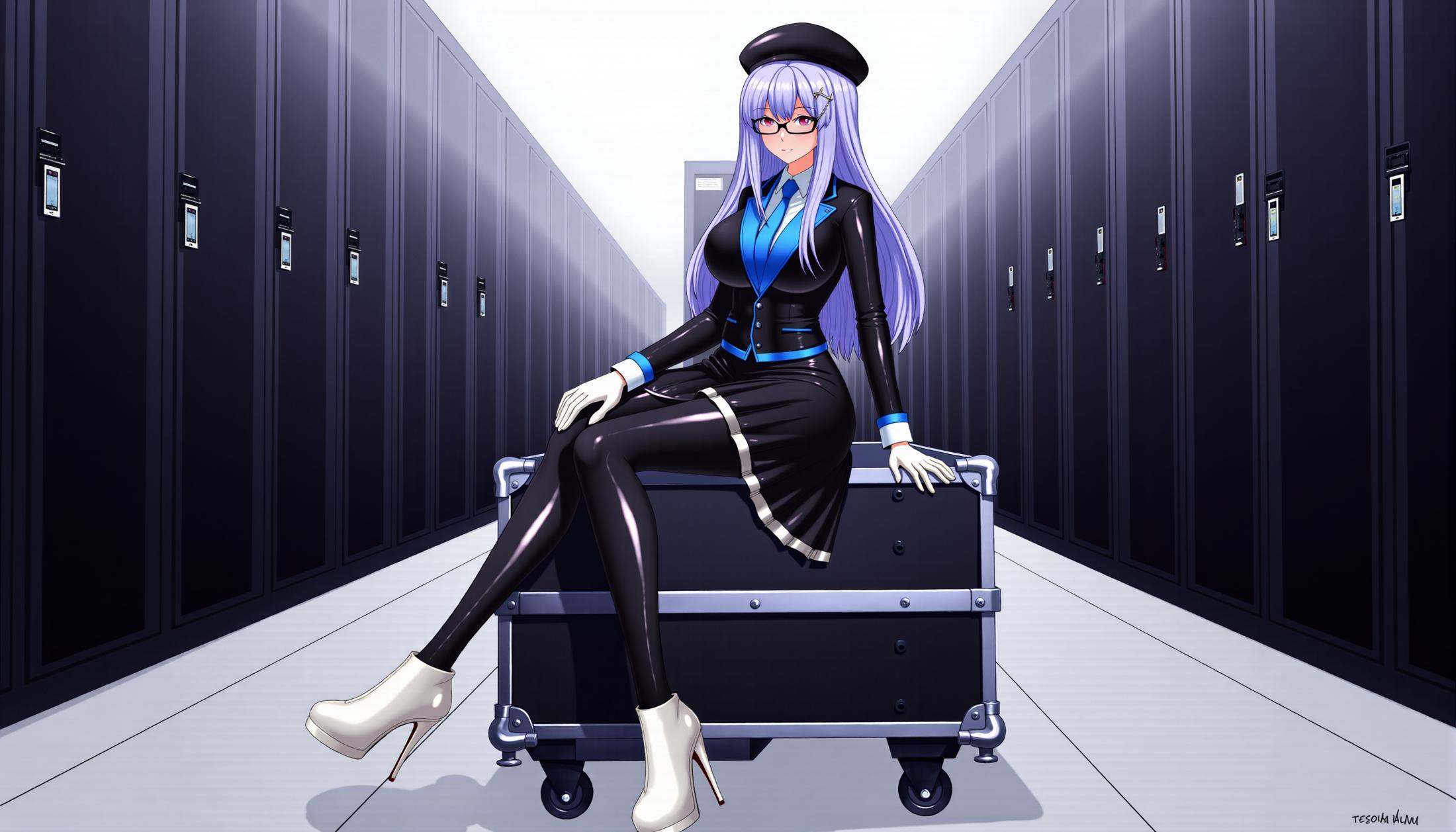 drawn by tesomu,  an office lady with light blue,  straight hair and red eyes. The character is wearing a black suit with...
