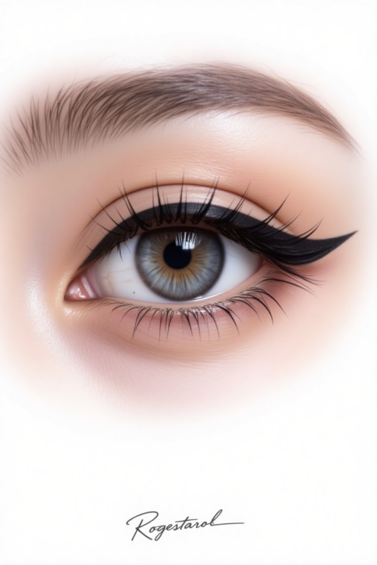 The image depicts a close-up of a human eye with detailed makeup. The eye is adorned with long,  black eyeliner that exten...