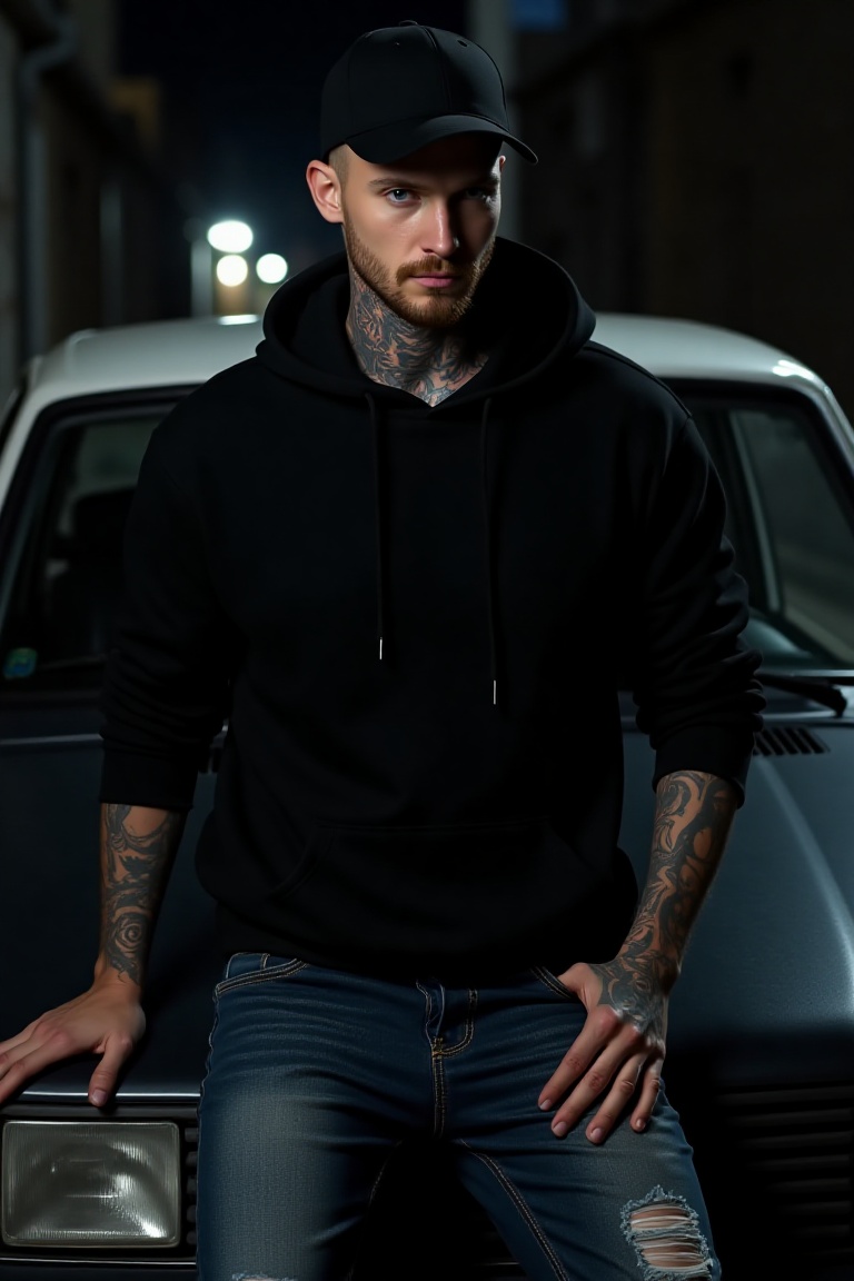 create a british gangster ,  tattoed neck ,  black hoodie on Tensor.Art
