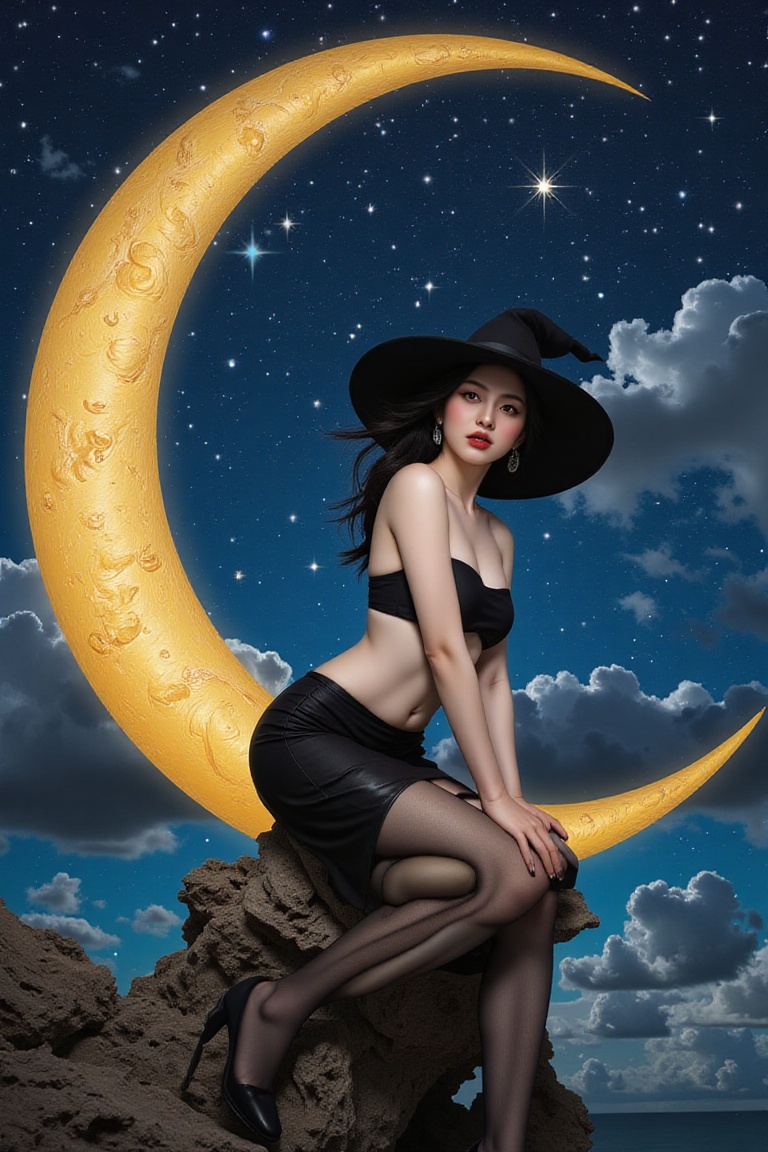 extreme detailed,  a witch sitting on a crescent moon through a starry night,  captured in the detailed gouache style of H...