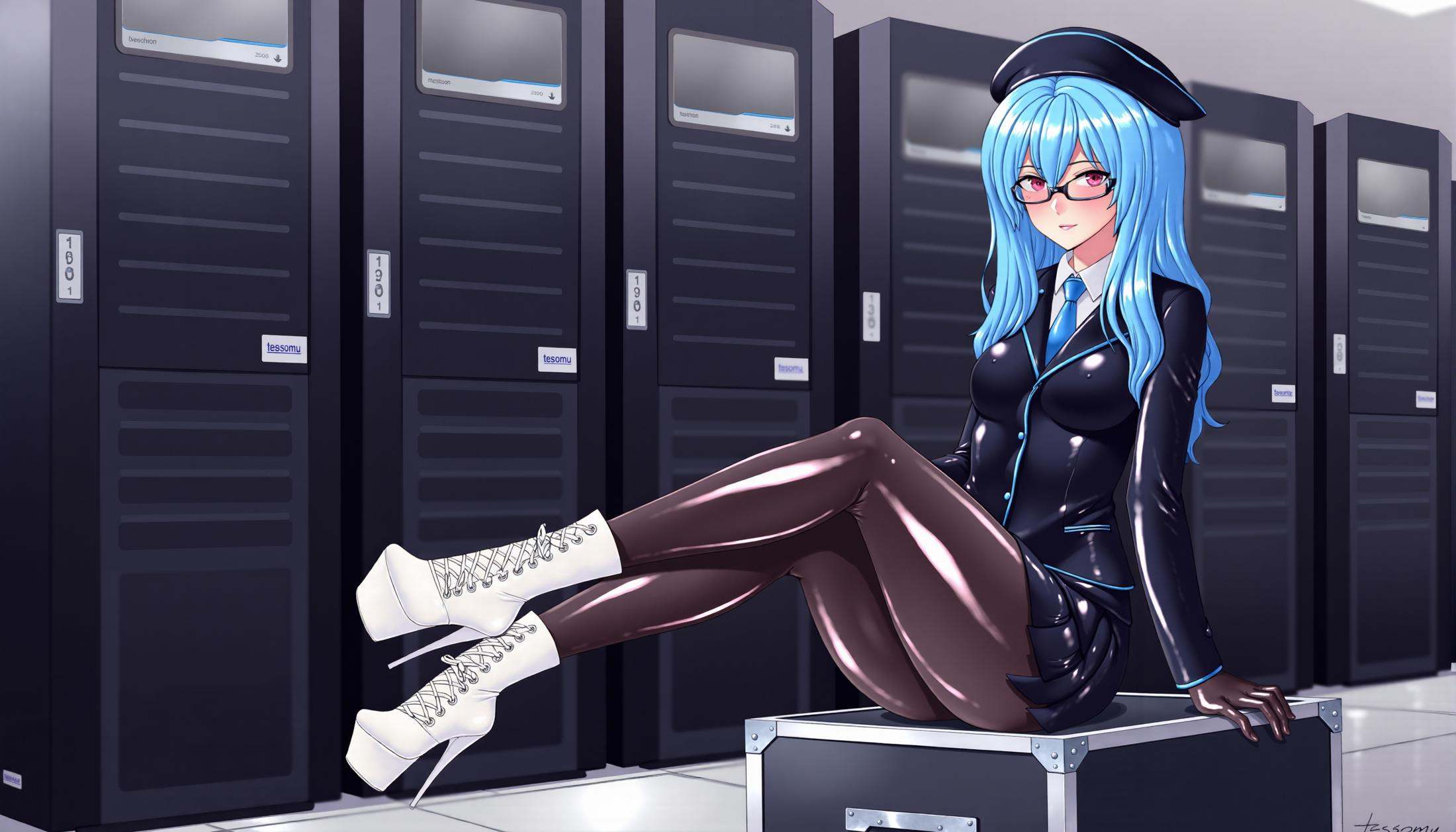 drawn by tesomu,  an office lady with light blue,  straight hair and red eyes. The character is wearing a black suit with...