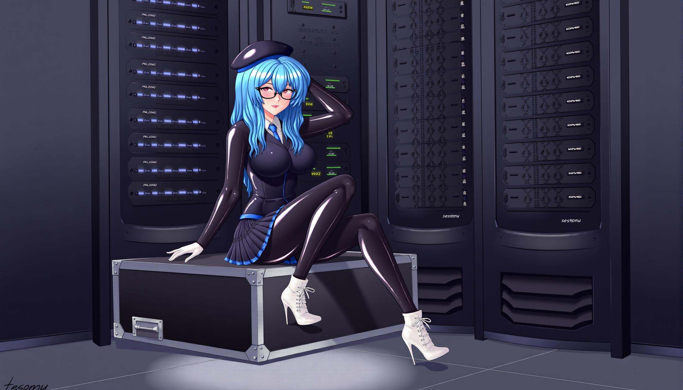 drawn by tesomu,  an office lady with light blue,  straight hair and red eyes. The character is wearing a black suit with...