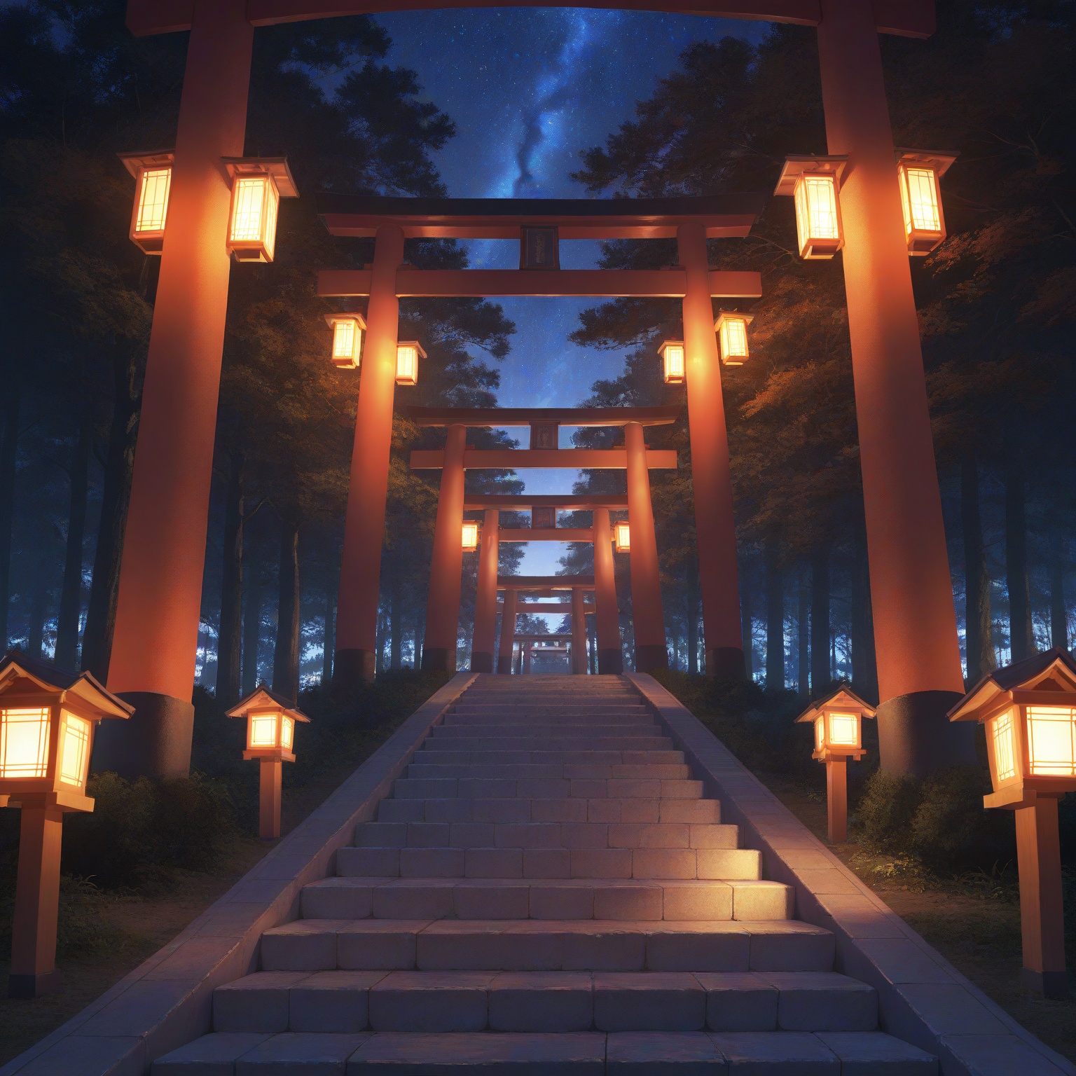nighttime,  forest,  torii gate on Tensor.Art