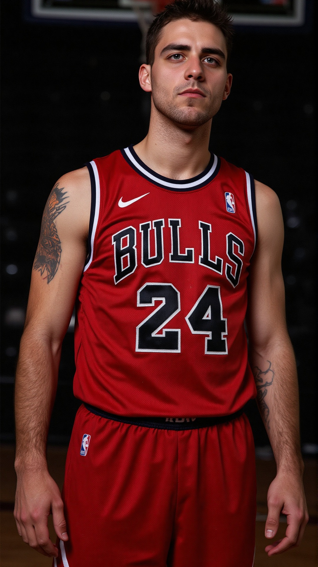 A stunning shot of a 20-year-old Caucasian basketball player,  drenched in sweat,  wearing a red Chicago Bulls NBA jersey...
