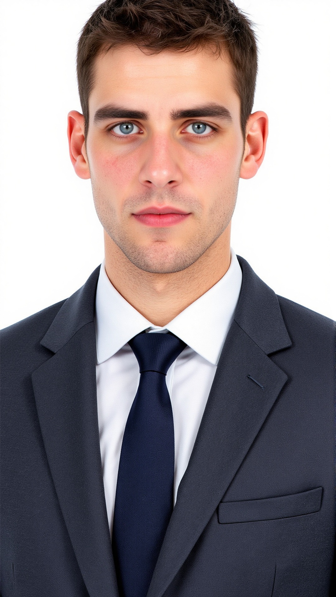 ID photo of a young man dressed in formal business attire. He has short dark hair,  thick eyebrows,  blushed cheeks on Ten...