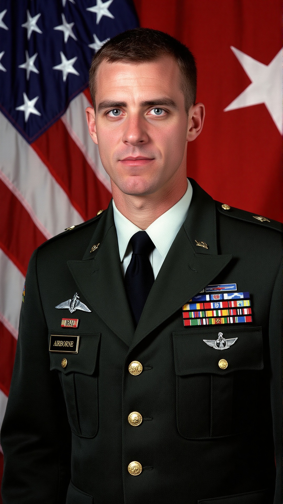A highly disciplined male military officer in his 30s,  with short-cropped brown hair and piercing blue eyes,  stands upri...