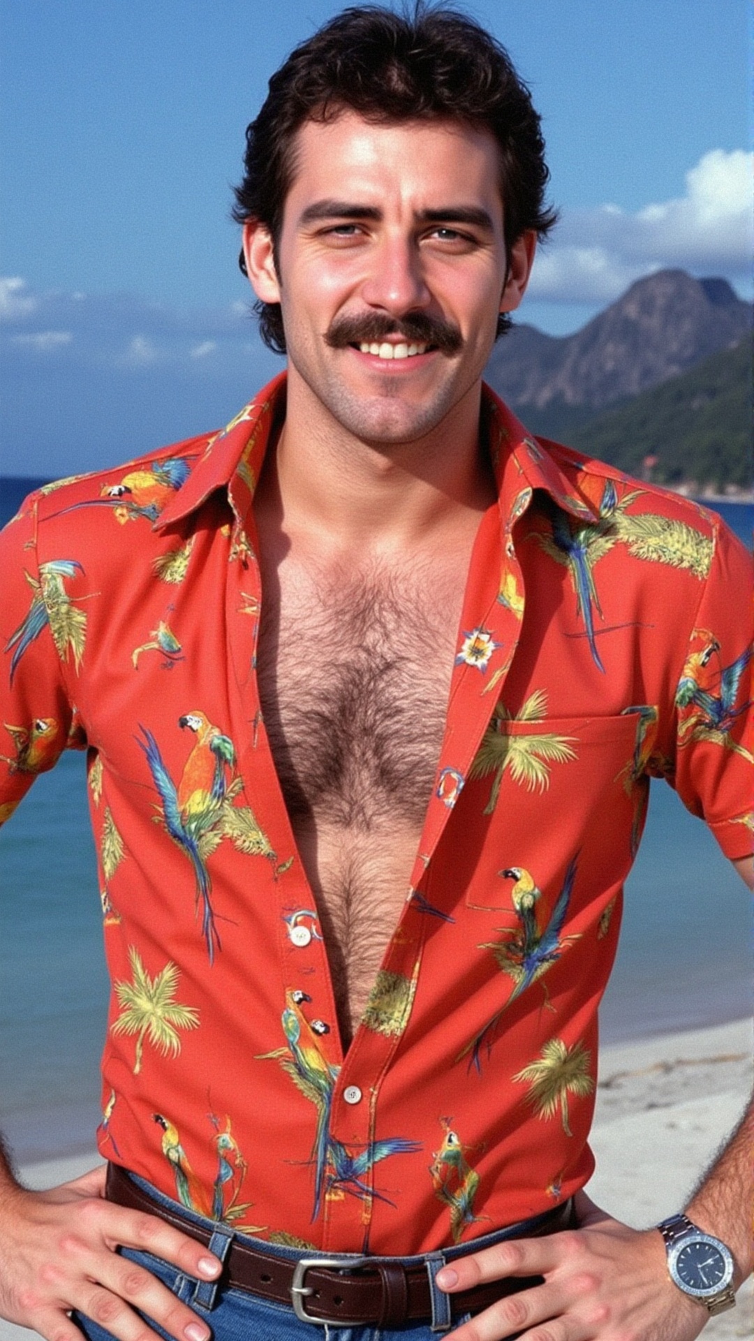 A confident man from the 1970s with a thick mustache and wavy dark hair stands against a tropical backdrop of blue skies a...