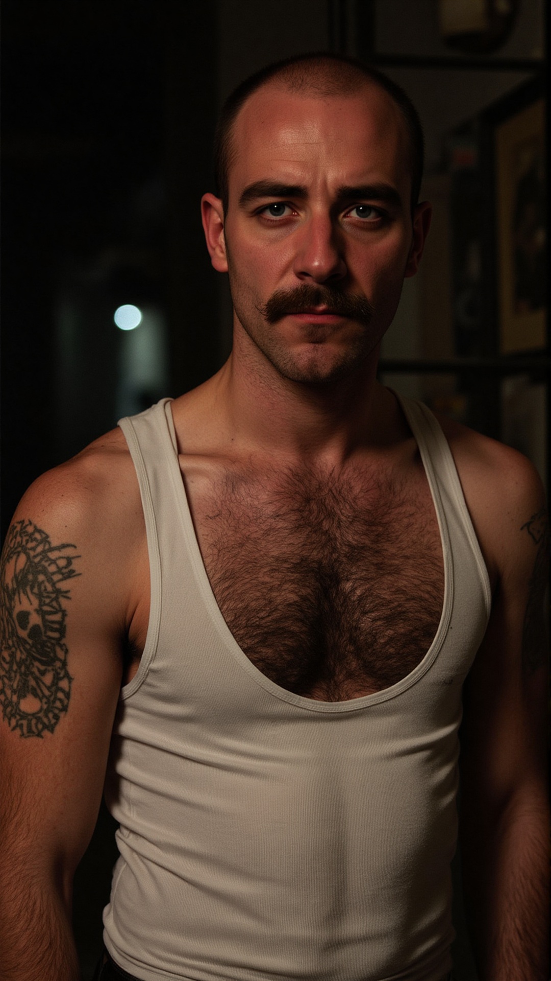 A middle-aged bald man with a thick,  bushy mustache,  around 40 years old. His body is covered in dark on Tensor.Art